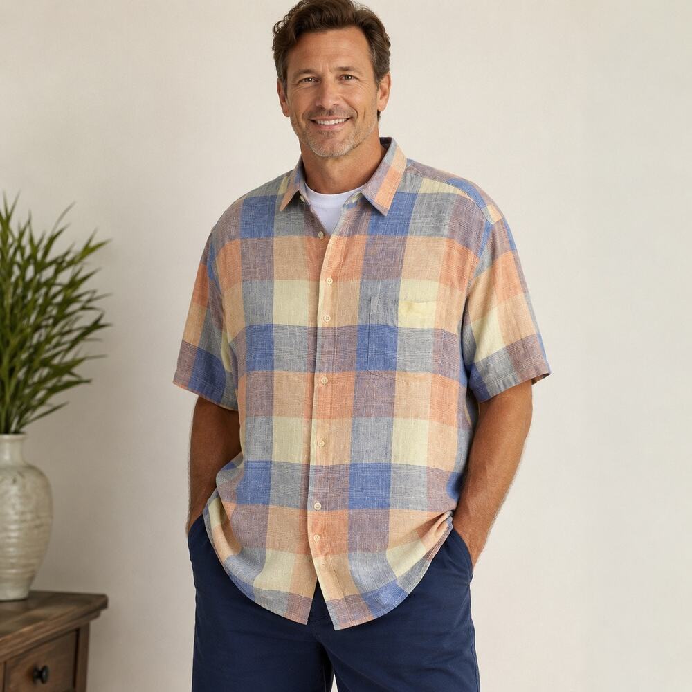 Chaps Coastland Waves Linen Blend Shirt Mens 3XB Plaid Short Sleeve Button Front